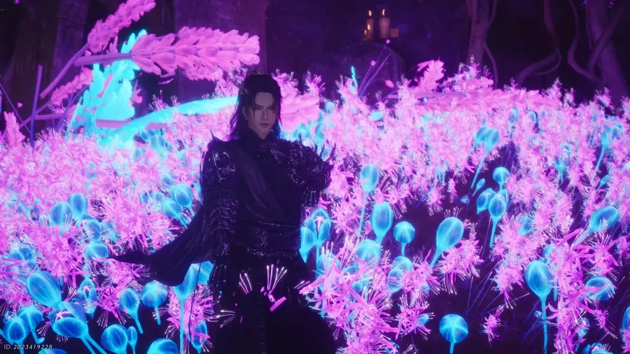 Figure among glowing flowers