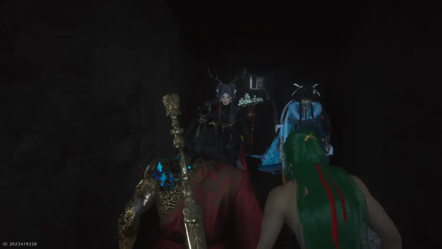 Cave gathering before a horned figure