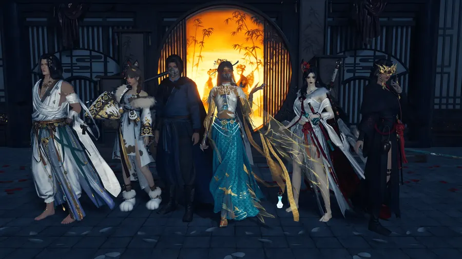 Party by a lit doorway
