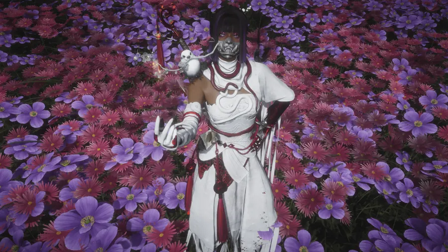 Masked figure in purple flowers
