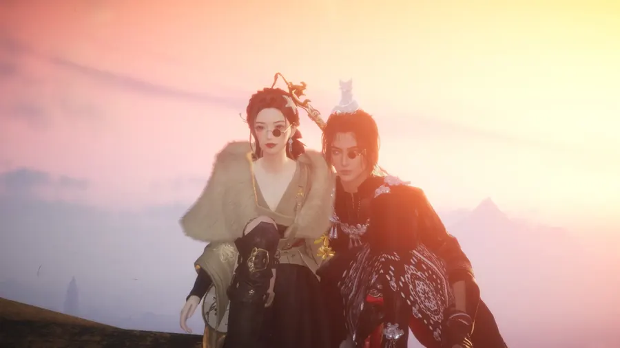Companions seated against sunset