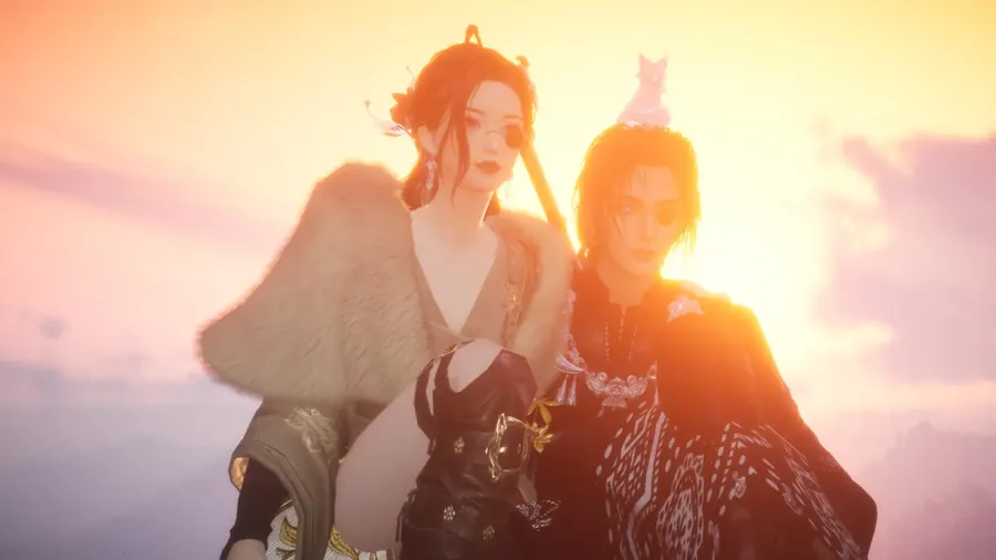 Companions backlit by sunset