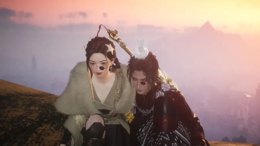 Companions above a valley at dusk