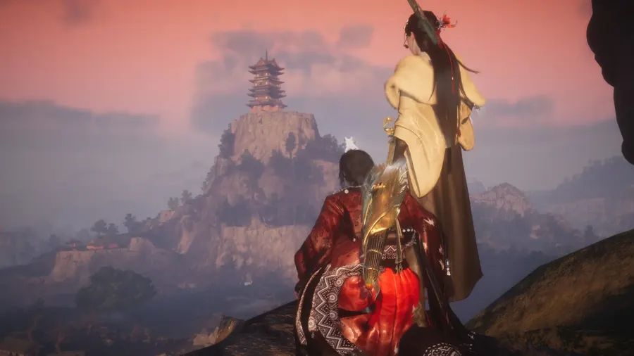 Figures looking toward a mountaintop pagoda