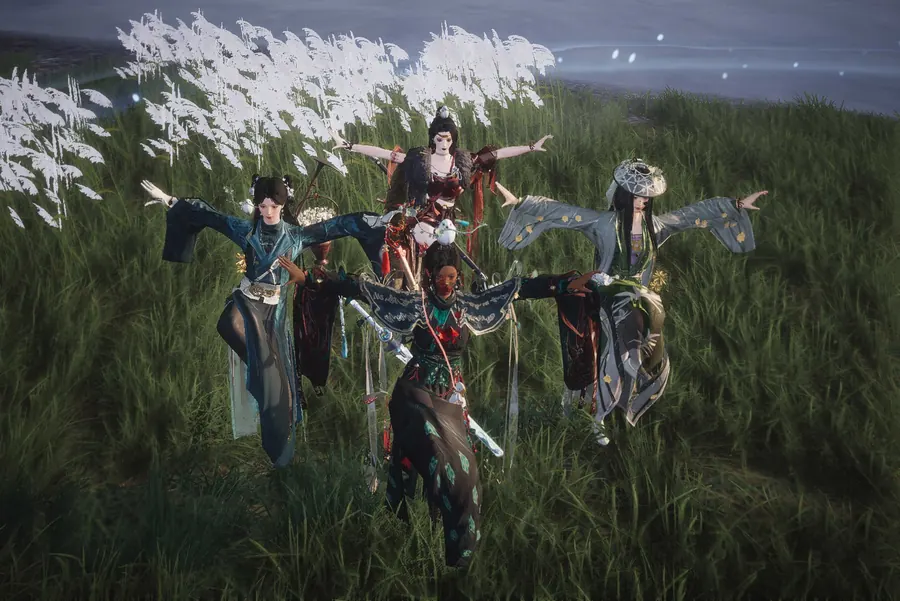 Guild members standing together in tall grass for practice.