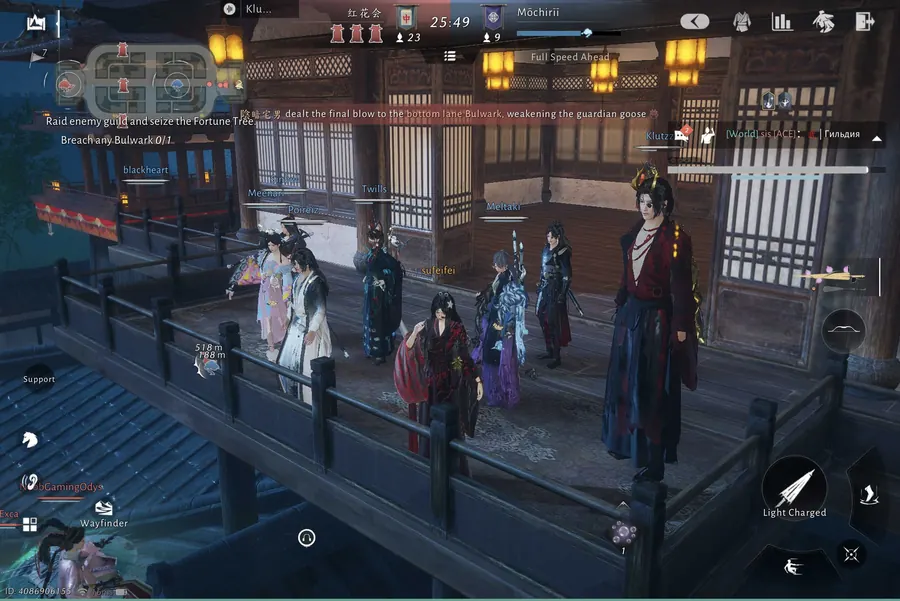 Guild members lined up outside a lit hall.