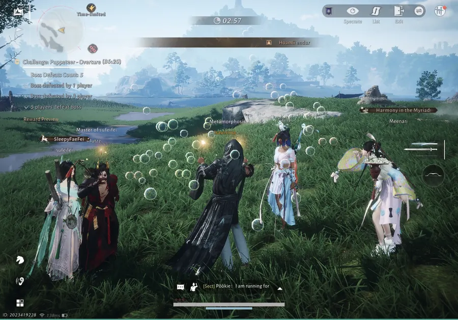 Guild members standing in a grassy field with floating bubbles.