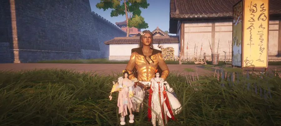 Small companion figures gathered below a large golden figure.