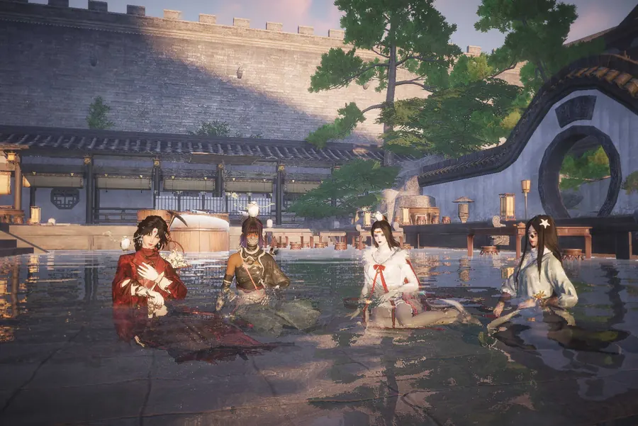 Guild members seated and standing beside a courtyard pool.