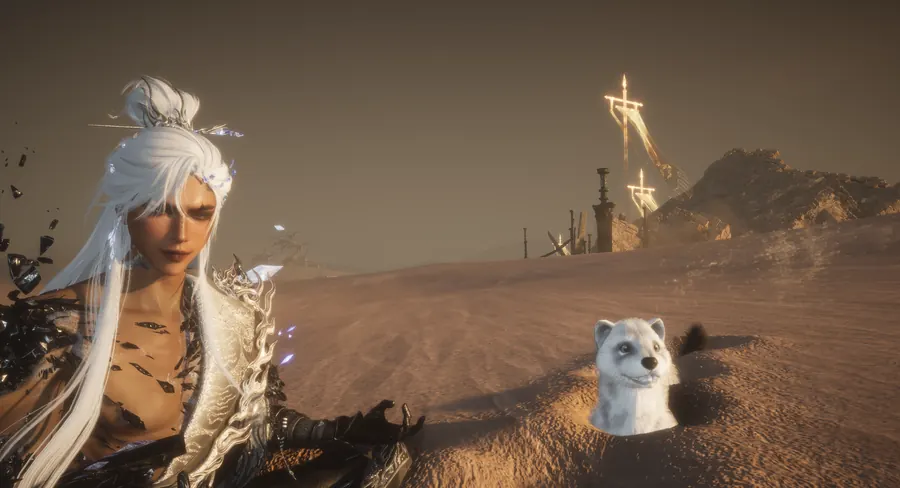 White-haired figure beside a small animal in the desert.