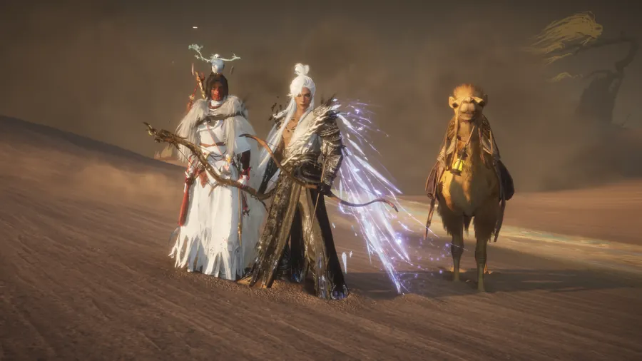 Two figures standing with a desert mount in sandy light.