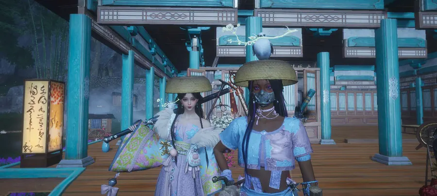 Two figures in matching pale outfits standing under blue light.