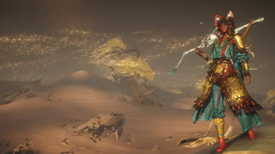 Figure posing with a blade in a wide desert scene.