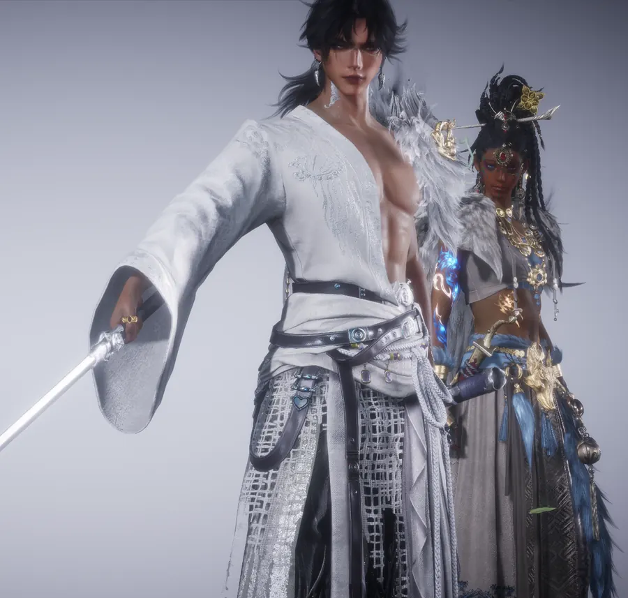 Two figures standing together with weapons in a pale portrait.