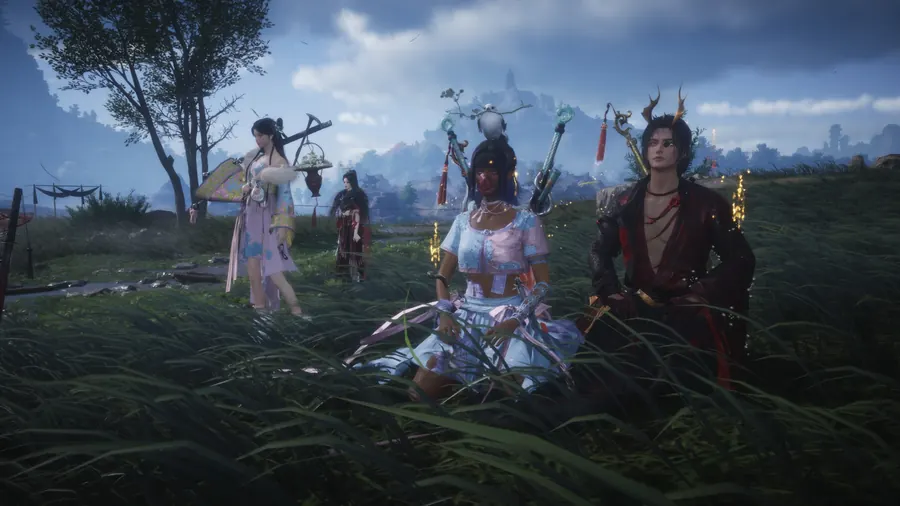 Three figures in coordinated outfits posing in a grassy field.