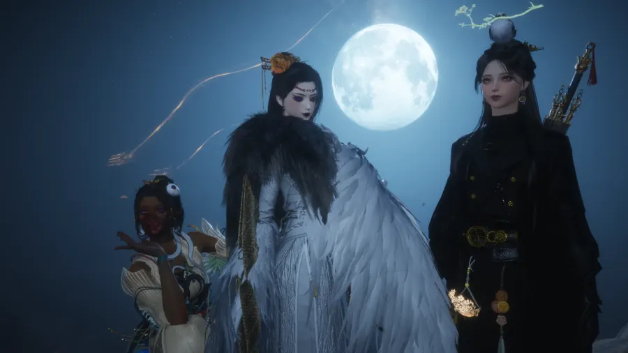 Three figures standing beside a pale horse under a full moon.