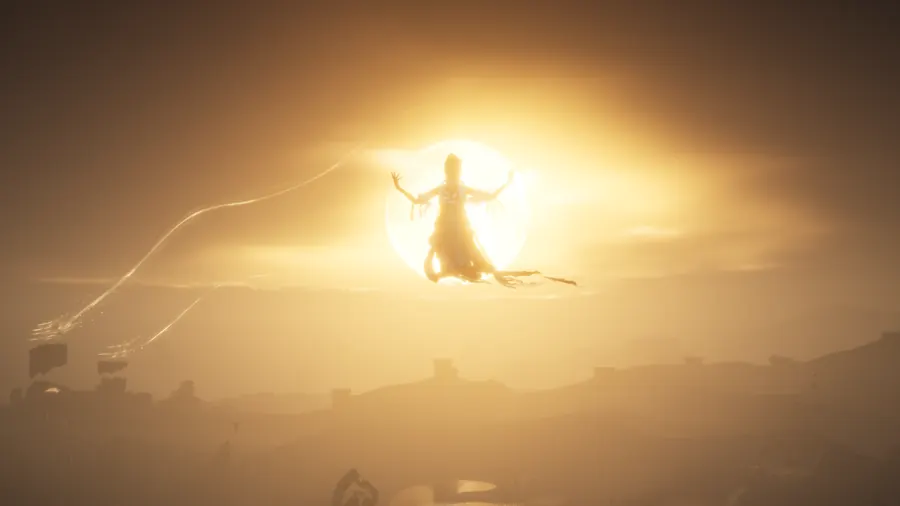 Figure leaping or flying through a golden sky.