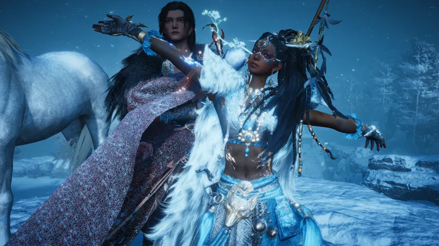 Two figures standing with a pale horse in a snowy blue scene.