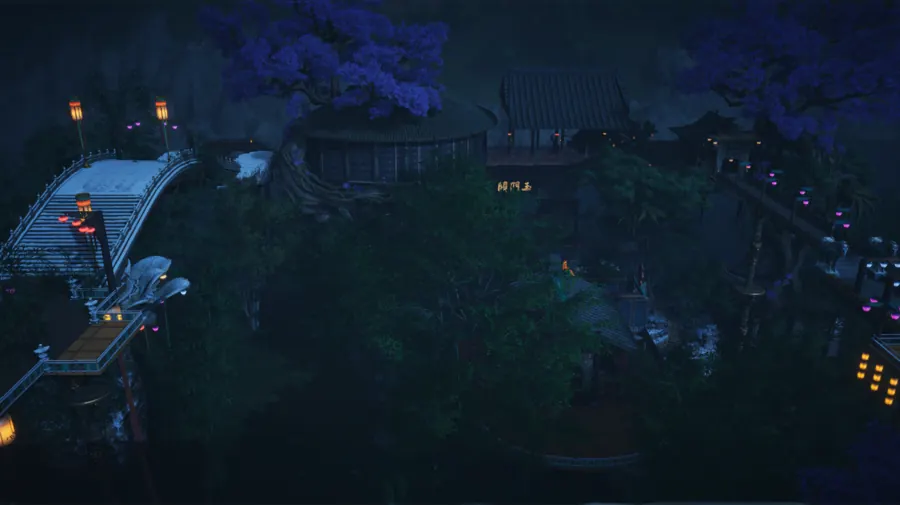 Night view of a courtyard complex with bridges, lanterns, and purple trees.