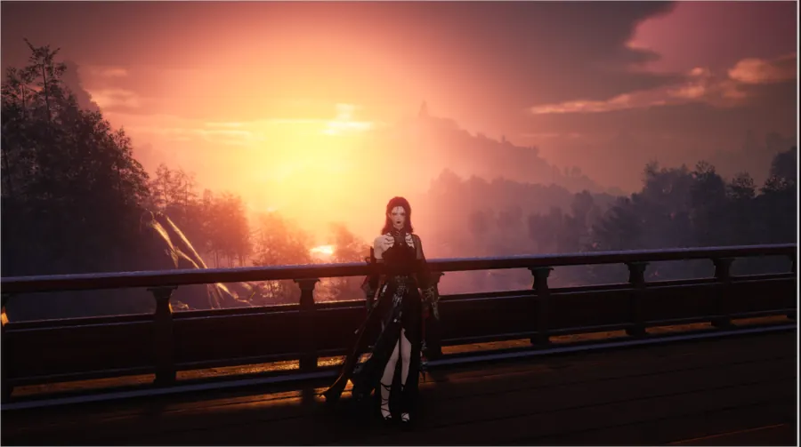 Solo figure standing on a wooden balcony with a bright sunset over distant hills.